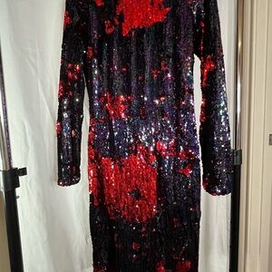 Dress the Population Red and Black Sequin Long Sleeve Dress